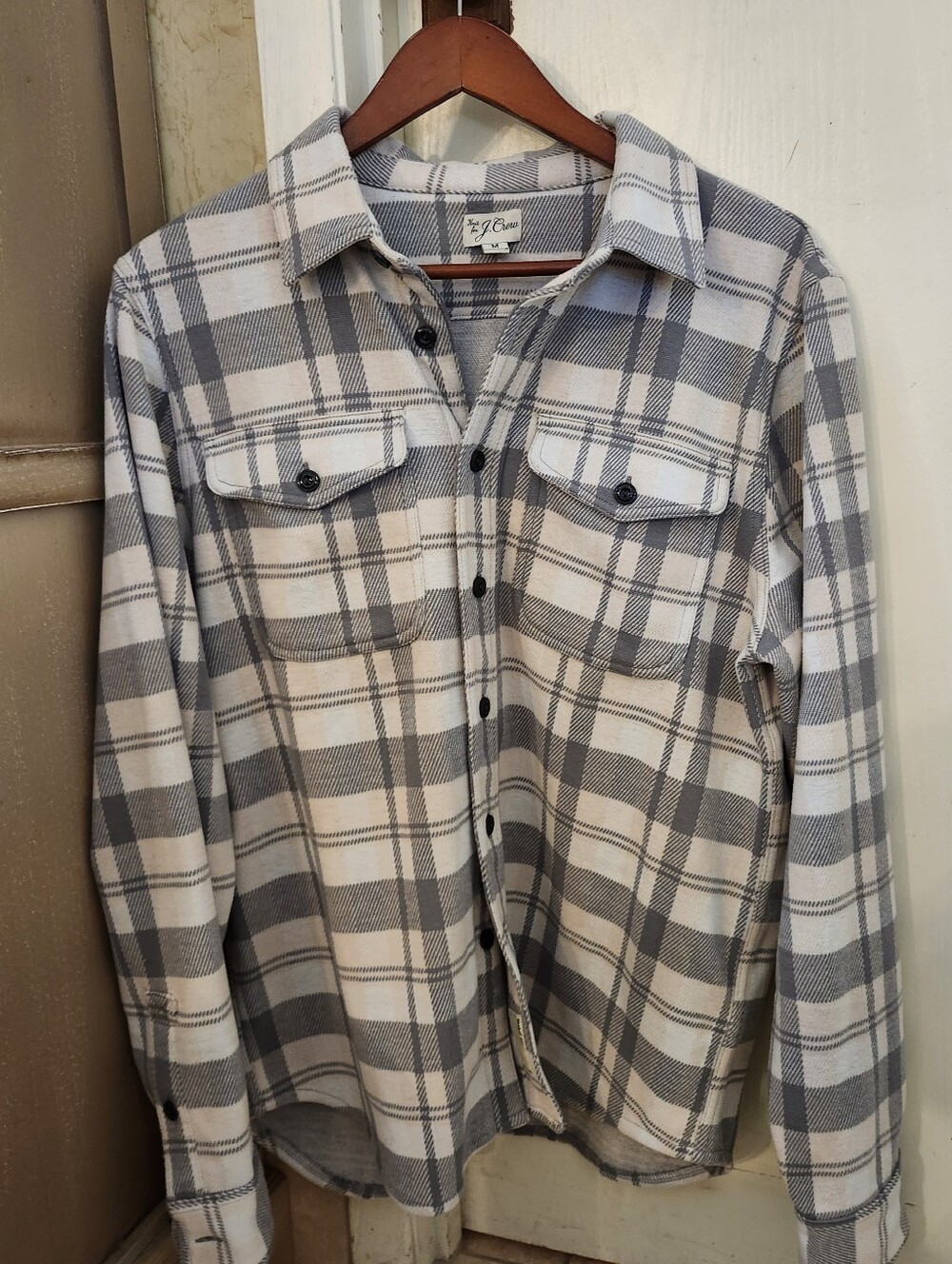 Crew Shirt Jacket  Mens Medium Gray Seaboard Soft Knit Plaid Flannel Heavyweight